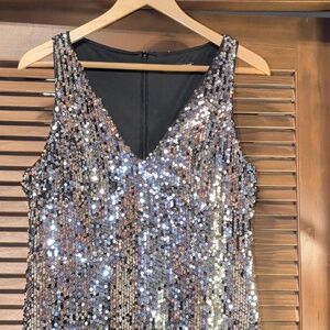 Silver Sequin V-Neck Floor Length Dress - Formal Party